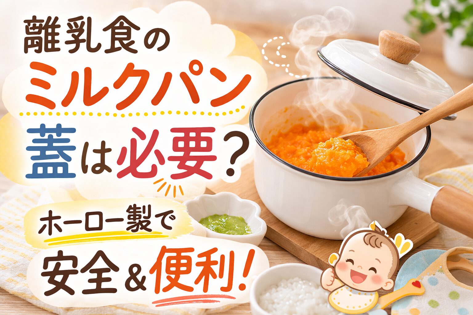 離乳食用のホーロー製ミルクパンににんじんペーストが入っており、蓋を少し開けて蒸気が上がる様子。キッチンで赤ちゃん用スプーンが添えられているイメージ