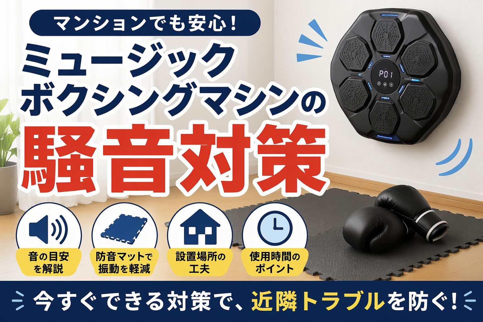 ミュージックボクシングマシンの騒音対策を紹介するアイキャッチ画像。防音マットや設置方法、使用時間の工夫でマンションでも安心して使えるポイントを解説。